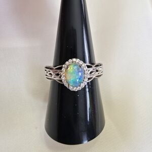 Ethiopian Welo Opal, Cambodian Zircon, Sterling Silver Ring Size 8